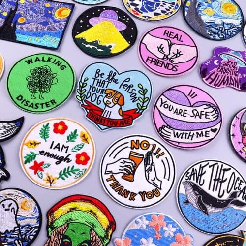 Cartoon Letter Patch Stripe Badge Embroidery Sew On Clothes Van Gogh Patch Iron On Patches For Clothes Alien Patches Applique