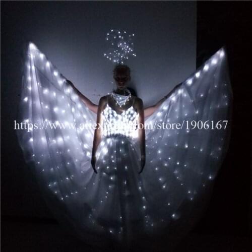 Newest Wholesale Price White color Led Wedding Dress Performance Costume big wings Sexy Led Light Dress Free Shipping