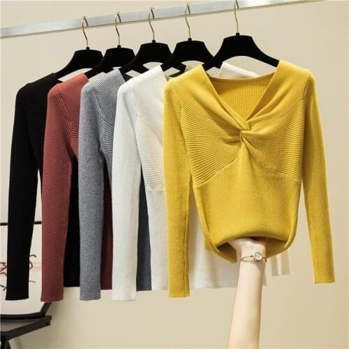 New V Neck Woman Sweaters Autumn and Winter Solid Color Criss Cross Knitted Lady Sweater Fashion Slim Pullovers Femme Sweater