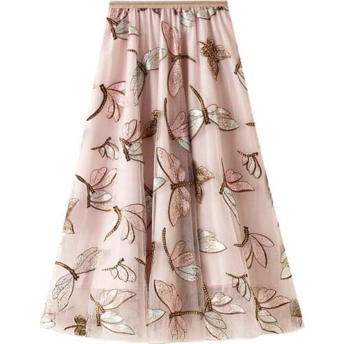 Autumn Sequined Skirts 2020 Fashion Skirt Women Cute Dragonfly Embroidery Patterns Tulle Mesh Patchwork Casual Basic Skirts