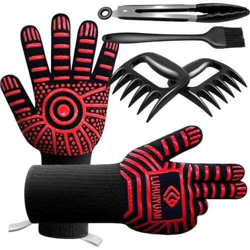 Grill Gloves 1472° F (800° C)4 in 1 Grill Accessories with EN420/407 Certified BBQ Gloves, 9" Grilling Tong
