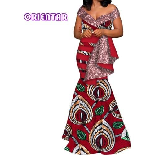 Mermaid African Dress Women Fashion V-neck Ankara Dresses Shiny Women African Print Wedding Party Dress Plus Size WY6284