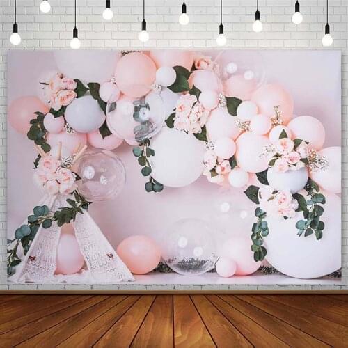 Pink Balloon Flowers Backdrops Girl Birthday Decor Baby Shower Green Leaf Portrait Photography Background Photo Studio Photozone