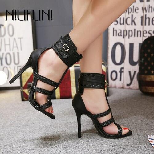Gladiator Weave NIUFUNI Women Sandals Sexy Peep Toe Buckle High Heels Stiletto Wedding Roman Shoes For Women sandales femmes
