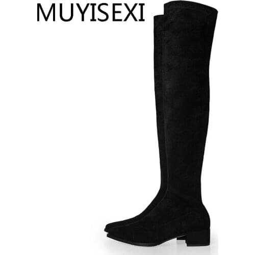 Over the Knee Boots Black Elastic Flock Thigh High Boots Pointed Toe 4.5cm Square Heels Women Shoes plus size JD03 MUYISEXI
