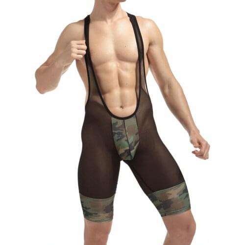 Mesh Men Bodysuit Tops See-Through Undershirts Camouflage One-Piece Leotard Men Wrestling Tights Jumpsuit Boxer Shorts Underwear