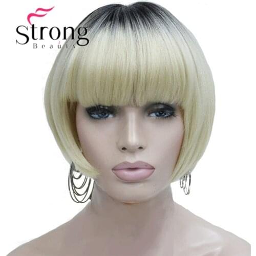 StrongBeauty Neat Bang Short Bob style Wig Blonde Ombre And dark Root Synthetic Natural Full Wigs