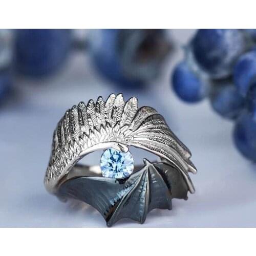 Unique Silver Plated Wing Ring Red/Blue Gem Crystal Ring Zircon Ring Devil Wing Ring Hip Hop Punk Party Ring Jewelry Gift