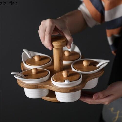 Rotatable Ceramic 5 Grid Spice Jar Creative with Spoons Salt and Pepper Spice Rack Seasoning Container Box Cooking Tools Kitchen