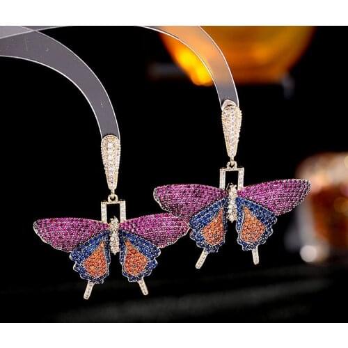 Japan and South Korea fashion niche senior with zircon inlaid butterfly earrings with heavy color zircon earrings