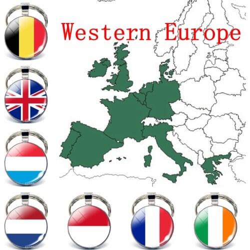 Western Europe: United Kingdom Belgium France Netherlands Flag Key Chain Glass Jewelry Keychain Pendant Patriot National Gifts