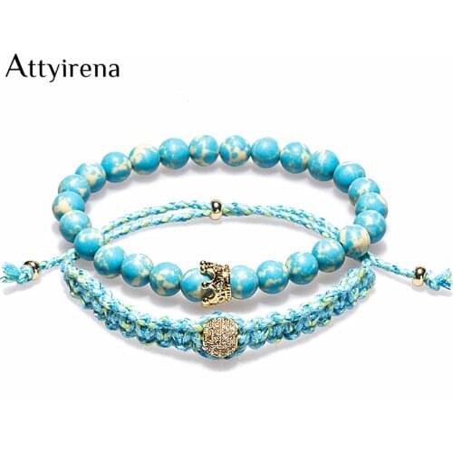 Charm Bracelets Women Diy Handmade Cotton Rope Braided Bracelet Friendship 8MM Blue Stone Beads Bracelets Bracciali 2pcs/set