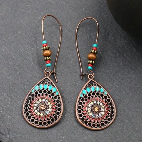 New Stainless Steel Bohemian Ethnic Bead Vintage Dangling Drop Earrings Women Fashion Accessories Geometry Hollow Out