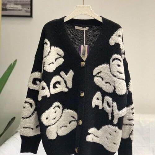 2021 Lazy Style Bear Black Knit Cardigan Womens Fall and Winter Wear Loose Sweater Coat New Female Long Sleeve Sweater Cardigan