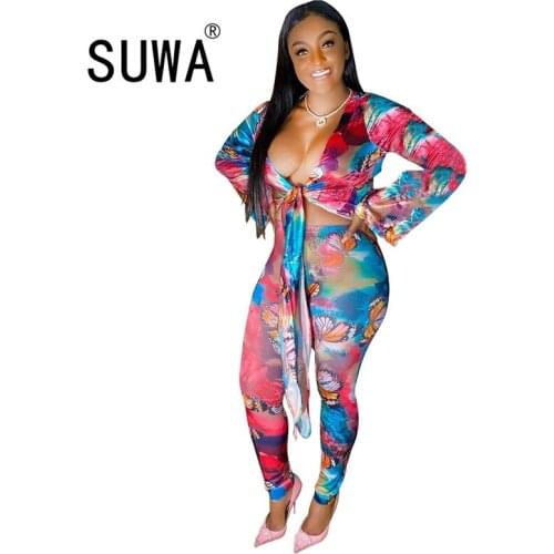 Boho Style Women Sexy Trendy Chic Printed Deep V-Neck Lace-Up Crop Tops High Waist Leggings Two Piece Sets Holiday Beach Wear