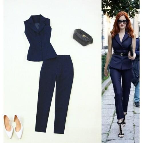 Women two piece outfits spring and summer new Tibetan blue suit collar Slim OL temperament vest + nine points pants 2 sets