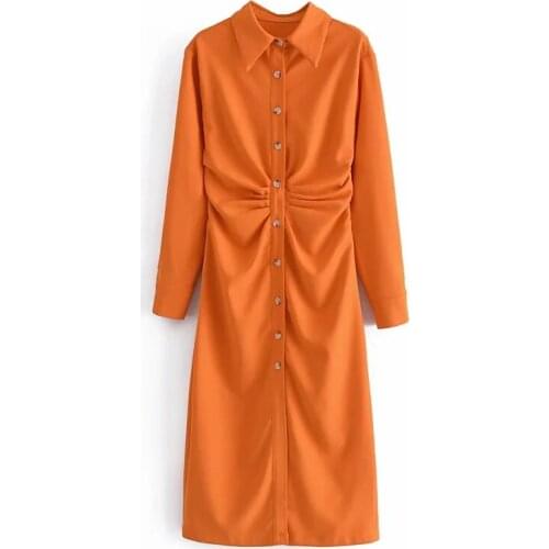 Za Dress Fashion Women Solid Orange Tunic shirt Dress long Sleeve Elegant Ladies Midi Dress Vestidos 2021 XNWMNZ