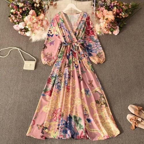 2021Vintage Palace Style Print Women Dress Elegant V-neck Femme Vestidos Long sleeve Chic Bandage Maxi High Waist Dresses