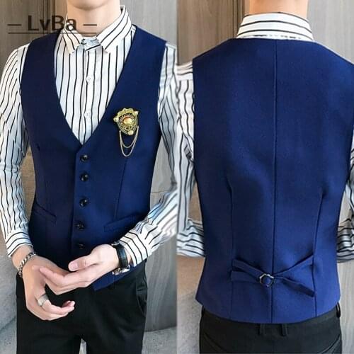 Suit vest men wedding dress groom sleeveless vests work mens waistcoat korean slim fit formal business men vests bule