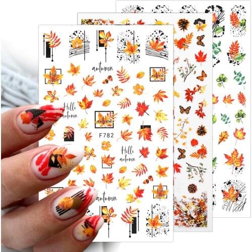 1pcs Maple Leaves Nail Stickers 3D Orange Yellow Gold Fall DIY Sliders Nail Art Decoration Autumn Adhesive Manicuring Decals