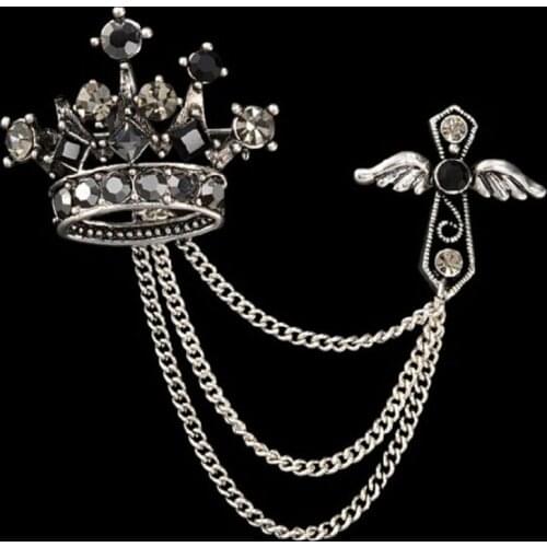 Groom And Men Jewelry Accessories Rhinestones Crown Cross Badge Tassel Brooch Retro Male Corsage Men Accessories