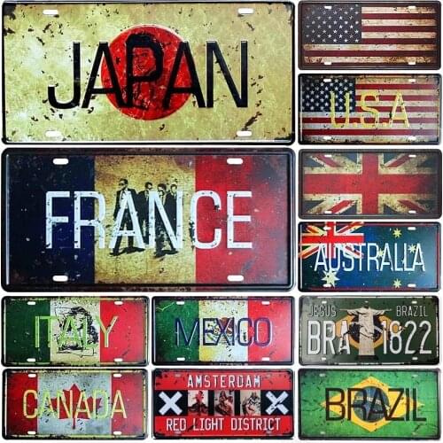 Japan Usa Mexico Italy France Flag Car License Number Plate Amsterdam Metal Tin Signs Bar Pub Cafe Home Decor Garage Painting