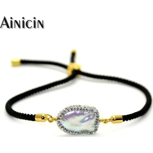 White CZ Rhinestone Crystal Paved Natural Freshwater Pearl Sliding Bracelets Adjustable Rope Chain Jewelry Fashion Women Gift