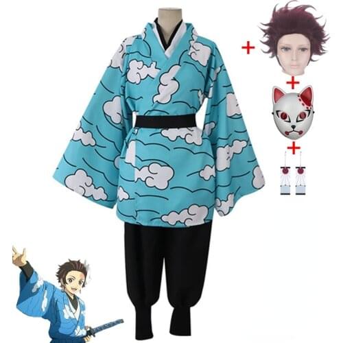 Demon Slayer Kamado Tanjirou Full Cosplay Costume Include Wig Mask Earring Kimetsu no Yaiba Halloween Funny Costume