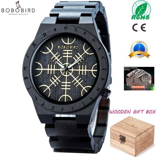Handmade BOBO BIRD Wooden Watches Man Women Runic Circle Watch with Golden Helm of Awe or Vegvisir Quartz Wristwatch Male