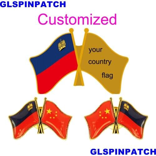 Liechtenstei Crossed Friendship Flag Double Country lapel pin Brooch USA UK France Chile Russia Saudi Arabia Japan Spain Badge