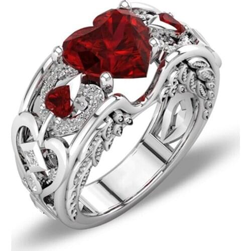 FFLACELLNew Fashion Vintage Geometric Irregular Inlaid love-Heart Red Zircon Ring Men And Women Party Engagement Wedding Jewelry