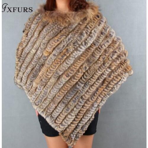 FXFURS 2020 New Knitted Rabbit Fur Poncho Women Fashion Fur Pashmina Stole Colorful Fur Scarves with Raccoon Fur Strips