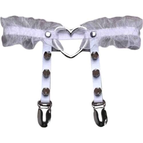 L5YC Women Sexy Lace Thigh Ring Garter Belt Gothic Punk Rock Harajuku Stud Heart-Shaped Elastic Leg Loop with Clips
