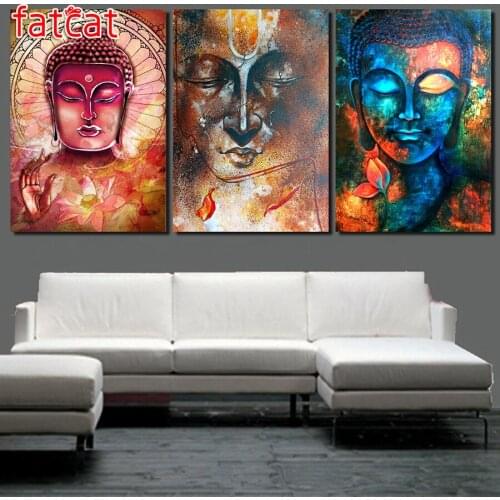 FATCAT Buddha icon 5d diy diamond painting full square round drill mosaic embroidery rhinestone triptych home decoration AE2132