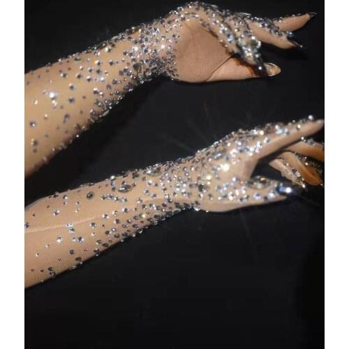Women Sparkling Crystal Mesh Perspective Long Gloves Fashion Stretch Rhinestone Gloves Nightclub Dancer Singer Stage wear