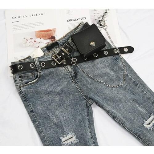 2.8x100cm Fashion Harajuku Women Punk Chain Belt Adjustable Black Single Eyelet Grommet Metal Buckle Leather Waistband With Bag