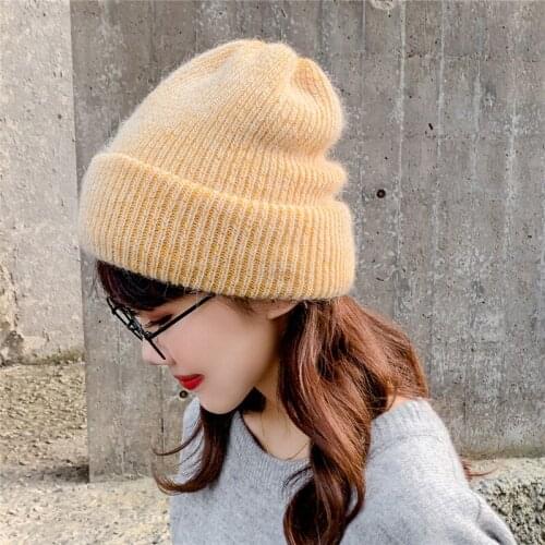 Wool knitted hat womens winter double-layer warmth Japanese wild pile hat woolen hat beanies black hat winter beanie