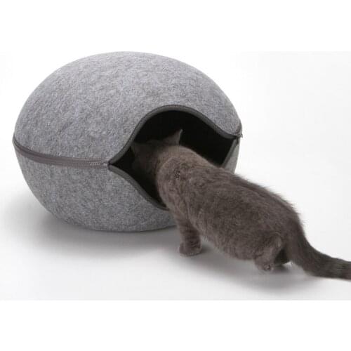 Egg Shape Dog Cat Bed Cat Sleeping Bag Zipper Felt Cloth Winter Warm Pet House All Around Cat Nest With Detachable Cushion Mat