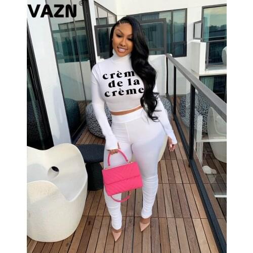VAZN 2020 Hot White Letter Soft Elastic Young Sexy Turtleneck Full Sleeve High Waist Long Pants Skinny Women 2 Piece Set