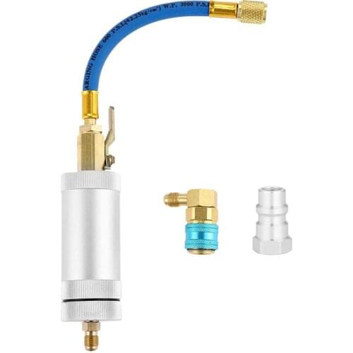 R134A Compressor Oil Dye Ejector, 1/4 inch SAE Male and Female Double-Head Refrigeration Air Conditioning Oil Filling Cylinder R