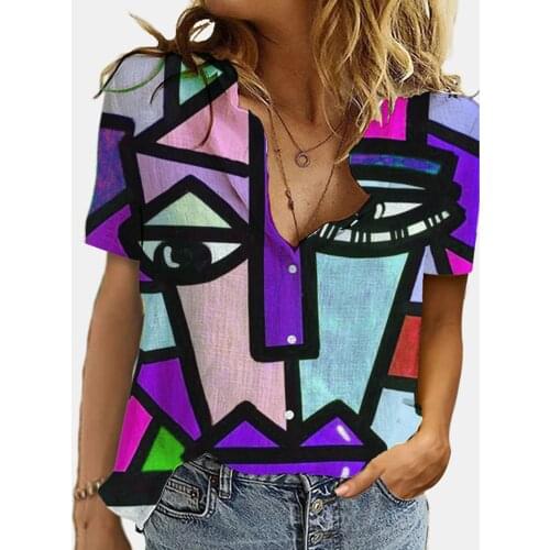 Abstract Printed Women Blouse Shirt Casual Clothes Square Loose Button Tunic Shirt Blouse Top Female Blusas De Mujer Y Camisas