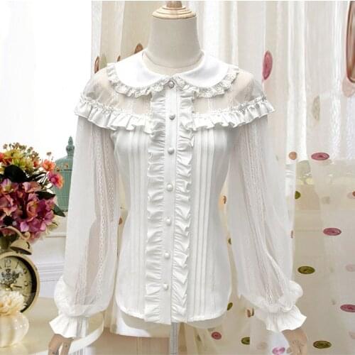 Vintage Clothes Women Chiffon Sweet Ruffles Peter Pan Collar Lantern Sleeve Gothic Steampunk Victorian Blouse White Lolita Top