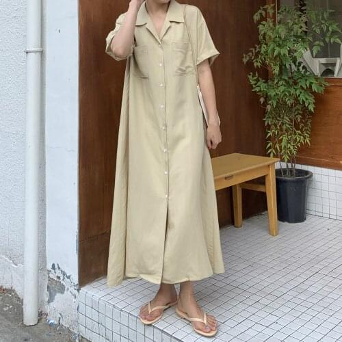 Female Single Breasted Solid Color Dresses Loose Plus Size Women Summer Notched Collar Cotton Long Shirt Dress Short Sleeve