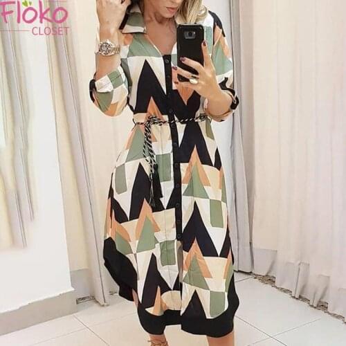 Flokocloset Office Lady V-Neck Lace Up Irregular Midi Dress Casual Turn-down Collar Knee-Length Party Drresses
