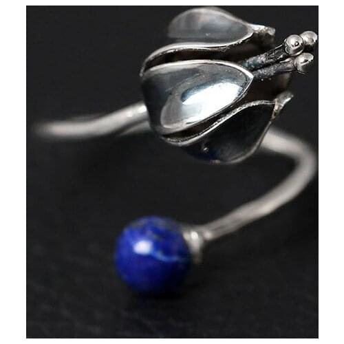 Authentic S925 Sterling Silver Inlaid Lapis Lazuli Finger Upper Flower Open Ring Womens Retro Aesthetic Flower Silver Jewelry