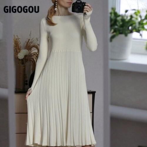 GIGOGOU Long Knit Women Sweater Dress Elegant Thumb Hole A Line Dress Winter Thick Warm Ribbed Christmas Party Midi Dressess