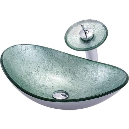 2021 Oval Bathroom Tempered Glass Washbasin Handpainting Bowl Sink Lavatory Basin Combine Brass Swivel Spout Faucet Mixer Tap