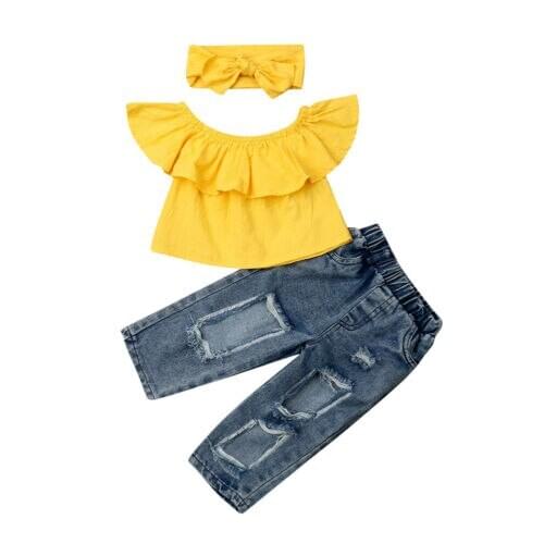 Fashion Kids Baby Girl Off Shoulder Tops+Ripped Jeans Denim Pant 3Pcs Clothes
