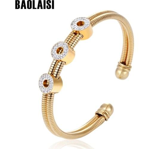 BAOLAISI Three Crystal Round Circle Adjustable Stainless Steel Bracelets & Bangles Gold Color Fashion Jewelry Women Bracelets