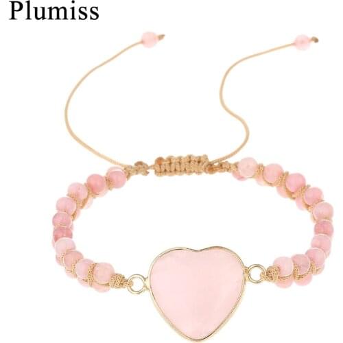 Heart Rose Quartzs Wrap Bracelets on Hand Pink Natural Stone Crystal Charm Bracelet for Women Handmade Jewelry Bohemian Gift